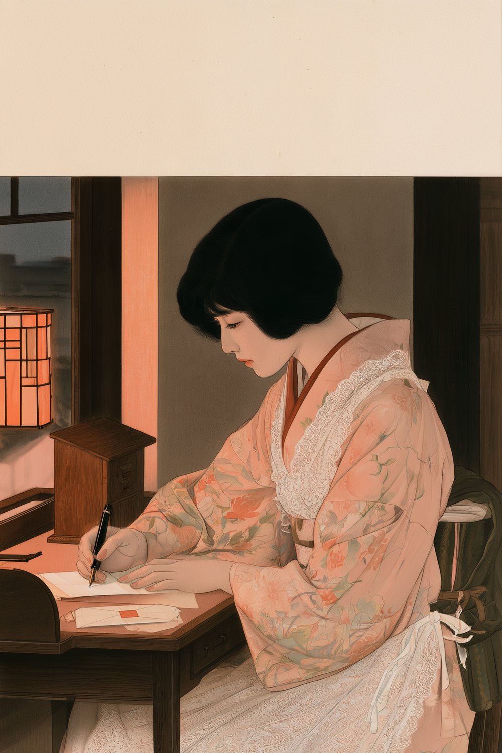 『文箱にしまった恋』装画（行灯の灯りで手紙を書く女給）