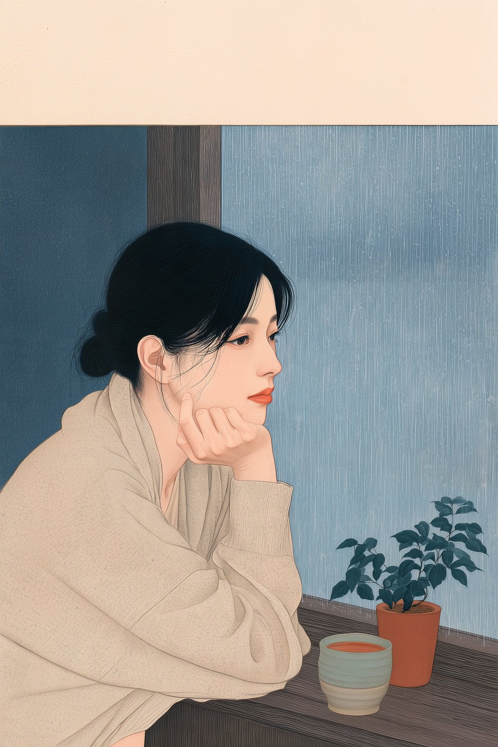 『雨の窓辺で待つ』装画（雨の窓辺で頬杖をつく女性）