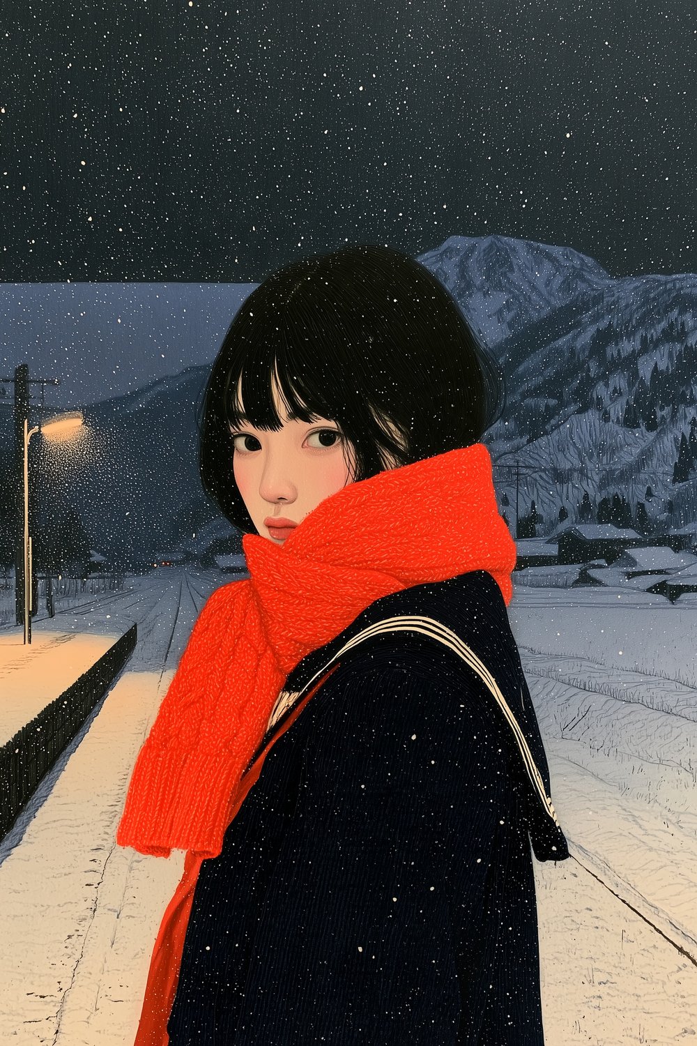 『雪の駅で、さようなら』装画（雪の夜の無人駅に立つ少女）