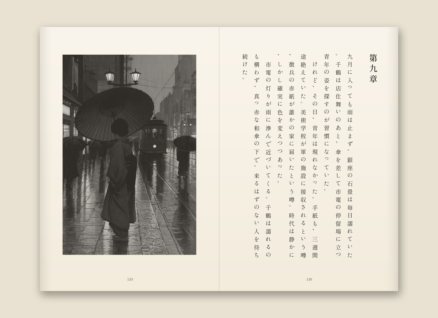 『文箱にしまった恋』挿絵「雨の銀座」の全面ページ。真っ赤な和傘と市電、雨の銀座を見つめる後ろ姿
