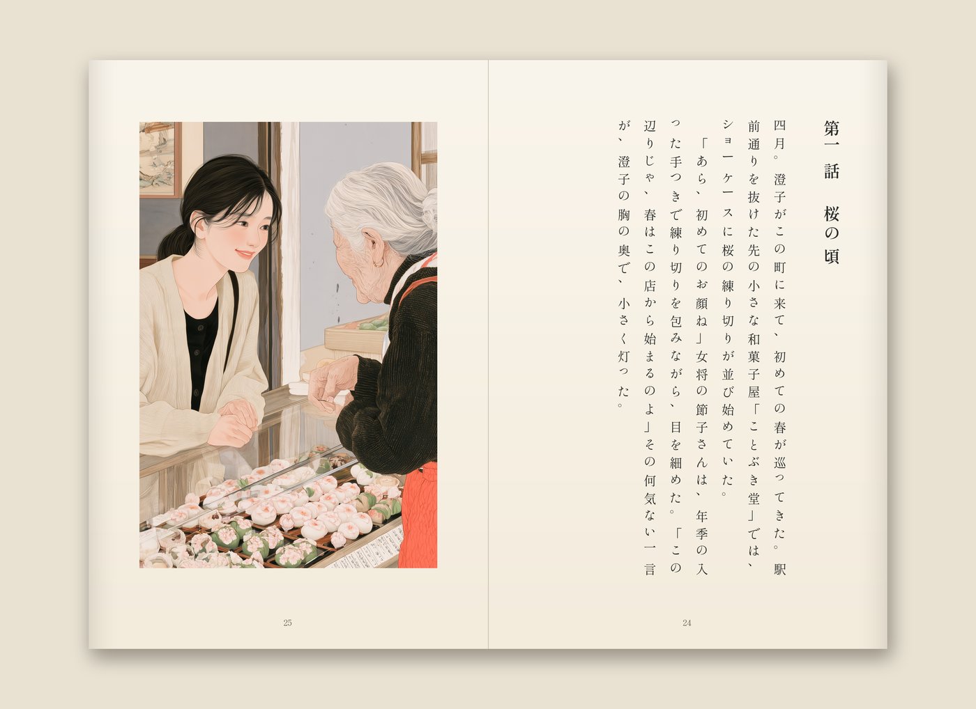 『雨の窓辺で待つ』挿絵「和菓子屋の女将」の全面ページ。和菓子屋で女将と話す女性