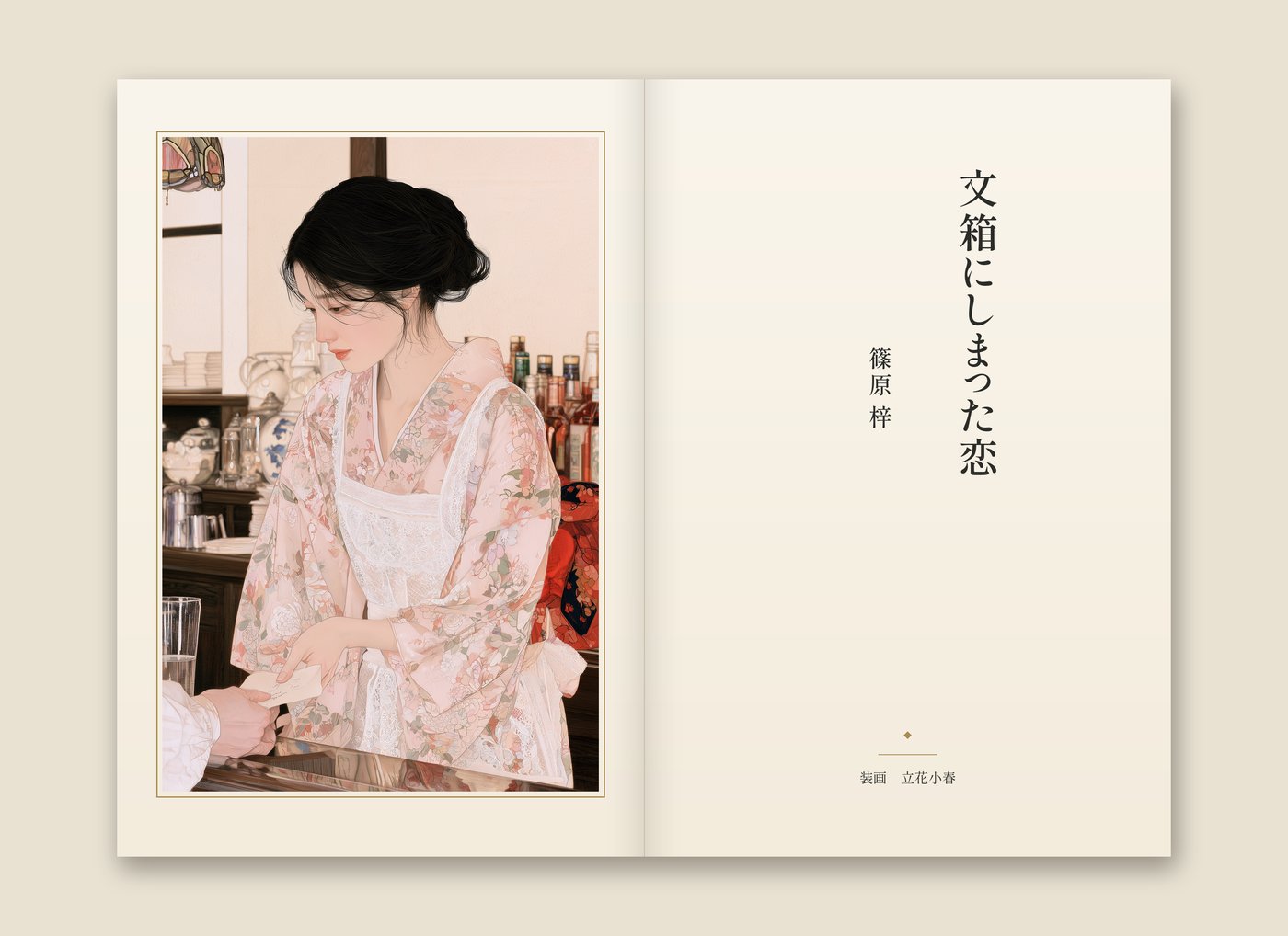 『文箱にしまった恋』扉絵「手紙を受け取る朝」の見開き。カウンター越しに手紙を受け取る女給