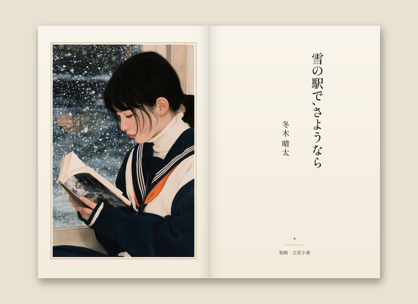 『雪の駅で、さようなら』扉絵「図書室の窓辺」の見開き。窓の外の雪を見ながら本を読む少女
